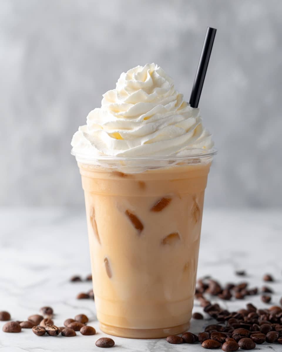 A clear plastic cup filled with iced coffee showing light brown liquid with ice cubes floating inside, topped generously with a tall swirl of smooth, white whipped cream that forms soft peaks, a black straw placed on the right side going through the whipped cream; scattered coffee beans sit on a white marbled surface around the cup photo taken with an iphone --ar 4:5 --v 7