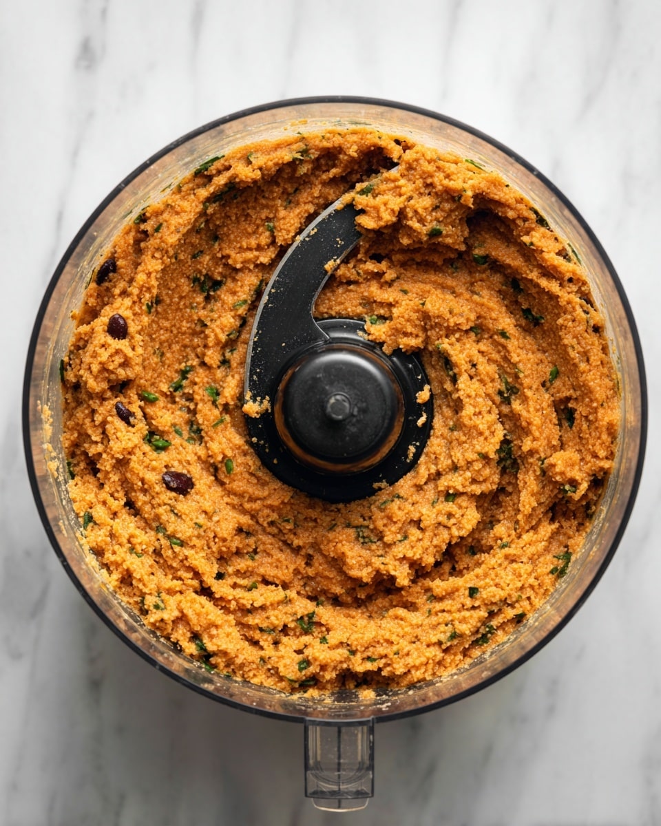 Top view of a clear food processor bowl filled with a coarse, mixed orange and brown dough-like texture that has visible small green herb pieces and darker beans or seed bits spread evenly throughout. The processor's black central blade holder stands upright in the center, and the bowl rests on a white marbled surface. The mixture looks thick and slightly crumbly with a rough, uneven texture. photo taken with an iphone --ar 4:5 --v 7