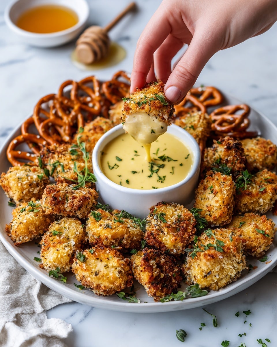 A white plate filled with many golden-brown crispy nuggets sprinkled with green herbs surrounds a small white bowl of creamy yellow dipping sauce in the center. A woman's hand is holding one nugget dipped in the sauce, dripping some of it. Around the plate, there are crunchy light brown pretzels on a white marbled surface. In the background, a white bowl with honey and a wooden honey dipper can be seen. photo taken with an iphone --ar 4:5 --v 7