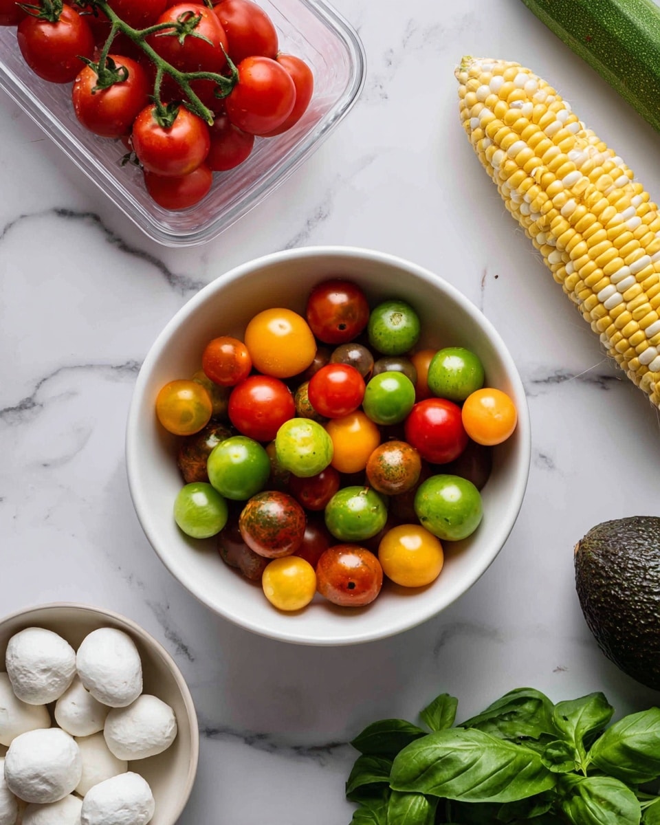 A white bowl filled with small cherry tomatoes of various colors including red, yellow, orange, and green with some parts darker, sits in the center of a white marbled surface. Above it to the left is a clear plastic container holding a bunch of bright red cherry tomatoes still on the vine. To the right of the bowl is a yellow and white corn cob. Below the bowl, a small white bowl holds several white mozzarella balls. On the bottom left of the frame, there is a dark green cucumber and a dark green avocado with a rough texture. To the lower right, a bunch of fresh bright green basil leaves rests on the surface. All items are well-lit and arranged neatly. photo taken with an iphone --ar 4:5 --v 7