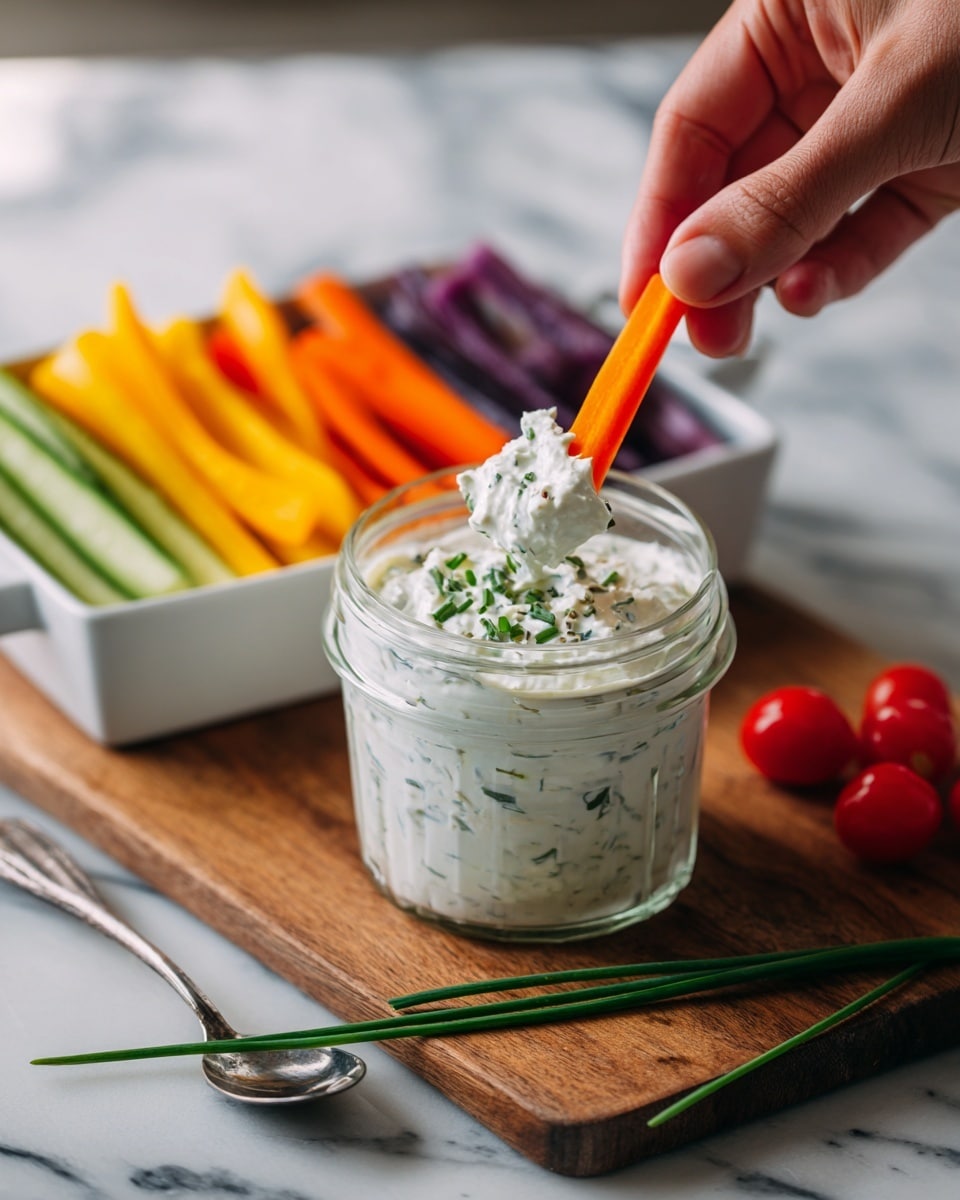 A clear glass jar filled with a thick, creamy white dip with green herb pieces mixed inside. A woman's hand is holding an orange carrot stick, dipping it into the jar. Behind the jar, there is a white rectangular dish with assorted cut vegetables in red, green, yellow, and purple colors. The jar and vegetables are placed on a wooden board with a bunch of green chives lying on it. A silver spoon lies next to the jar on the wooden surface. The background is a white marbled texture. photo taken with an iphone --ar 4:5 --v 7