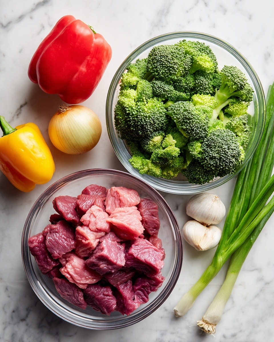 Two clear glass bowls are placed on a white marbled surface; the left bowl is filled with raw pinkish slices of beef, and the right bowl is filled with green broccoli florets. Next to the bowls are whole vegetables including a yellow onion, a red bell pepper, a green bell pepper, a bunch of green onions, and two cloves of garlic. The colors are bright and fresh, and the arrangement is neat and organized. Photo taken with an iphone --ar 4:5 --v 7
