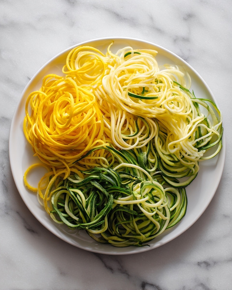 A round white plate is filled with two layers of spiral-shaped vegetable noodles, resembling thin spaghetti. The top layer is light yellow, and the bottom layer is green with darker edges showing the skin of the vegetable. The noodles are twisted and scattered unevenly across the plate, resting on a white marbled surface. Photo taken with an iphone --ar 4:5 --v 7