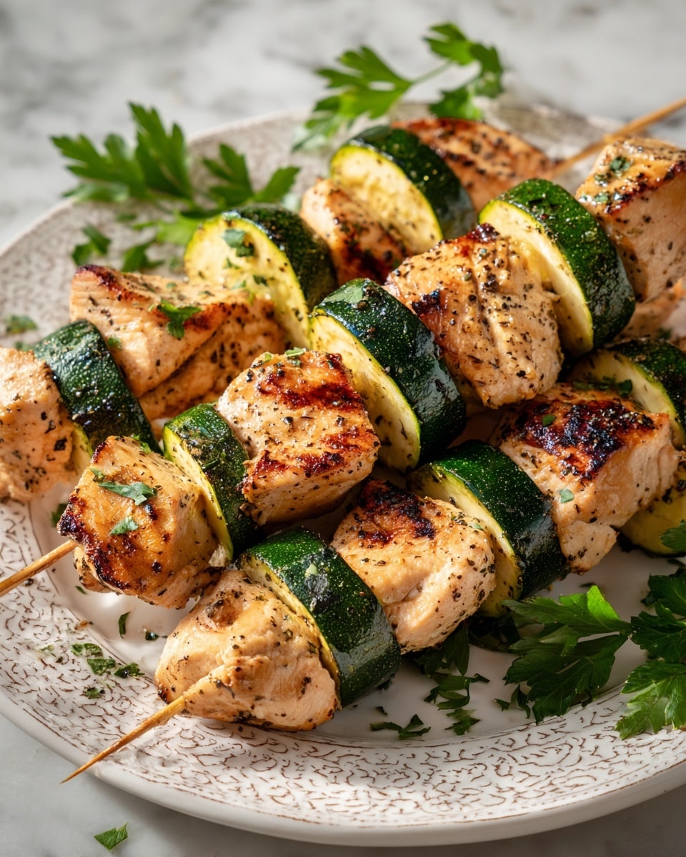 The image shows skewers with three layers each, starting with golden brown grilled chicken pieces with a light crust and visible black pepper and herb spices, followed by green zucchini slices that appear tender and slightly charred on the edges, alternating evenly on wooden skewers. The skewers are laid on a white plate with a detailed patterned design, and scattered fresh green parsley leaves add a touch of color. The setting is close-up with a warm, inviting glow that highlights the texture and char marks on the chicken and veggies, on a white marbled surface photo taken with an iphone --ar 4:5 --v 7