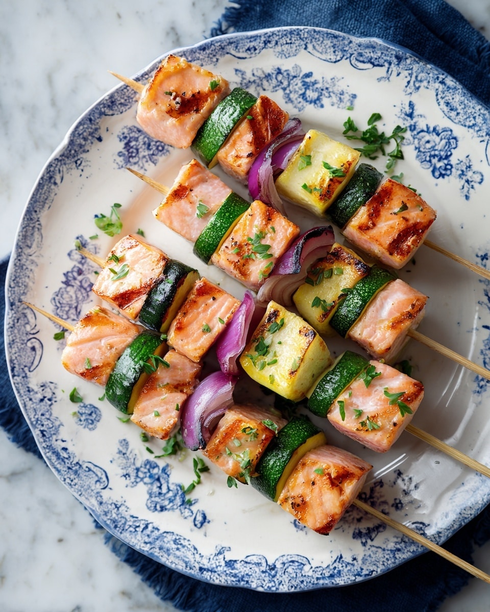 There are five skewers placed on a white plate with blue floral patterns, lying on a dark blue cloth over a white marbled surface. Each skewer has five layers, with pieces of grilled salmon cubes in light pink and orange shades, alternating with green slices of zucchini and purple slices of red onion. Small green parsley leaves are scattered lightly on the plate for garnish. The salmon pieces have grill marks with a slightly charred texture, and the vegetables show light grilling with a soft texture. The skewers are arranged in a stacked, slightly overlapping way. photo taken with an iphone --ar 4:5 --v 7