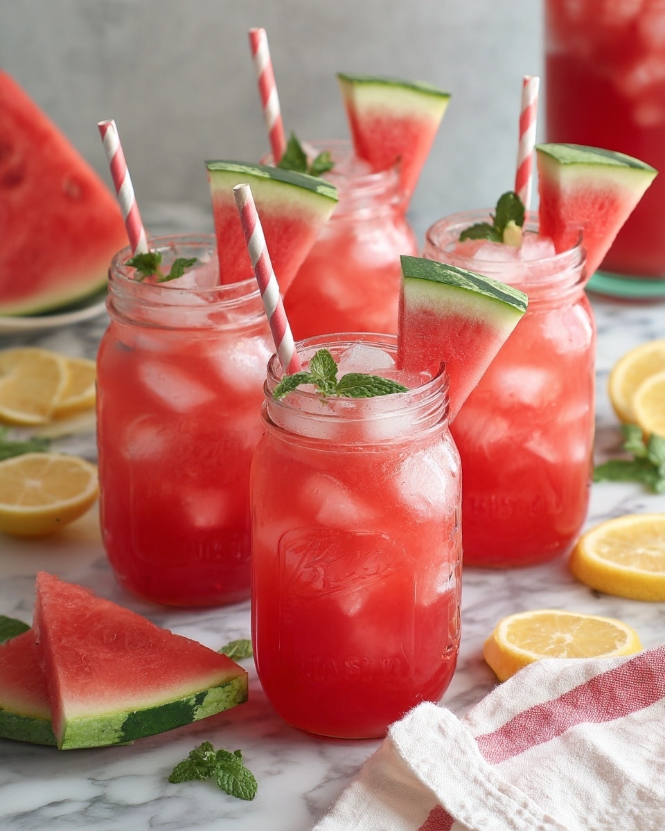 Three clear glass jars are filled with a bright red drink and ice cubes, taking up most of each jar. Each jar has a large triangular slice of watermelon with green rind placed inside, standing up on one side. A red and white striped paper straw is inside each jar, leaning against the watermelon slice. There is a small green mint leaf on the front jar next to the watermelon. Around the jars, there are a few lemon halves and extra watermelon slices on a white marbled surface. The background is bright and softly blurred. Photo taken with an iphone --ar 4:5 --v 7