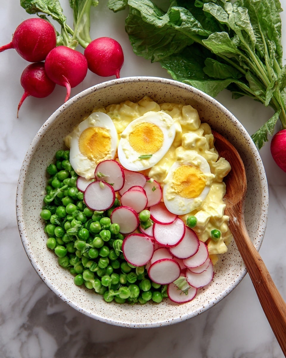 A speckled white bowl filled with three main layers: the bottom layer is a light yellow dressing or sauce with a creamy texture, the middle layer has chopped boiled eggs showing bright yellow yolks and white pieces, and the top layer has bright green peas mixed with thinly sliced radish rounds that are white with red edges, all arranged unevenly inside the bowl. A wooden spoon handle peeks out from the right side of the bowl. The bowl sits on a white marbled surface with fresh green leafy vegetables and two radishes with red skin and green tops placed in the background. Photo taken with an iphone --ar 4:5 --v 7
