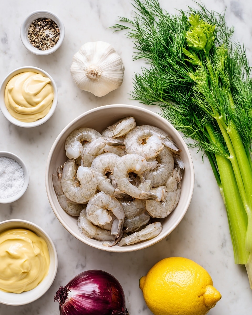 A white bowl filled with raw shrimp showing layers of grey and white textures piled loosely inside, placed on a white marbled surface. Around the bowl are small white dishes with thick creamy mayonnaise and smooth light yellow dijon mustard. Fresh green celery stalk lies diagonally next to a bunch of dark green dill sprigs with fine needle-like leaves. Close by, a whole white garlic bulb, a bright yellow lemon, and a smooth purple-red onion add color variety. A small dish of black and white salt and pepper sits near the top left corner. All ingredients are spread neatly over the white marbled background. Photo taken with an iphone --ar 4:5 --v 7