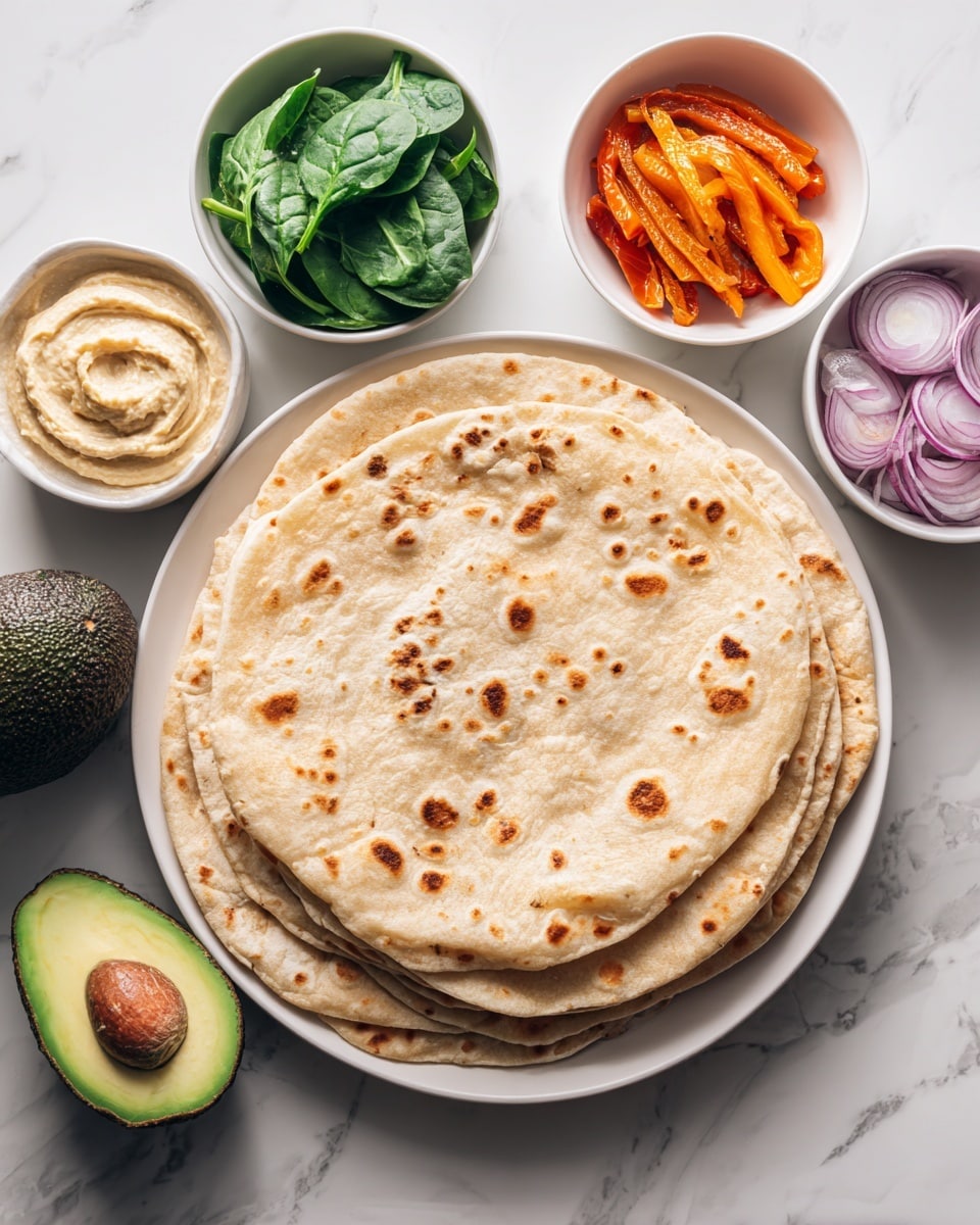 The image shows a white plate with a stack of light brown tortillas with small darker brown spots placed on a white marbled background. Around the plate, there are six small white bowls: one bowl contains bright green spinach leaves with visible veins, another has orange-red roasted pepper strips with a slightly shiny texture, the next bowl has a whole dark green avocado with a rough texture, another holds creamy beige hummus with smooth swirls on top, one bowl contains thin slices of purple and white red onions, and the last bowl has thin rounds of light green cucumber with darker edges. photo taken with an iphone --ar 4:5 --v 7