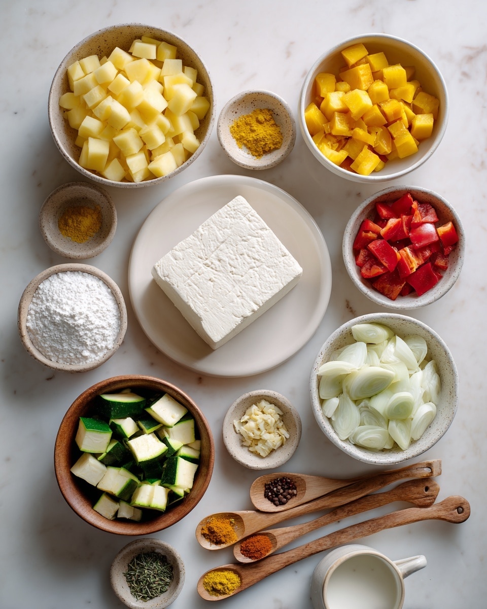 The image shows a top view of various chopped ingredients placed separately on a white marbled surface. At the top left, a bowl filled with yellow potato cubes, next to it at top center is a bowl with yellow squash chunks, and at top right there is a bowl with red bell pepper pieces. Below the potato bowl is a white plate with a large block of plain white tofu. Below the yellow squash is a white bowl with green and white zucchini cubes, and next to it at right is a wooden bowl with white chopped onion. In the middle below the bowls is a small ceramic dish with minced garlic. Underneath to the left is a wooden spoon full of white cornstarch, next to it on the right is a small white cup filled with white plant milk. Below these items are several wooden spoons arranged in a column, holding yellow nutritional yeast, light green dried tarragon, red pepper flakes, orange turmeric powder, pale yellow dijon mustard, light brown garlic powder, and a small white plate with salt and black pepper mix photo taken with an iphone --ar 4:5 --v 7