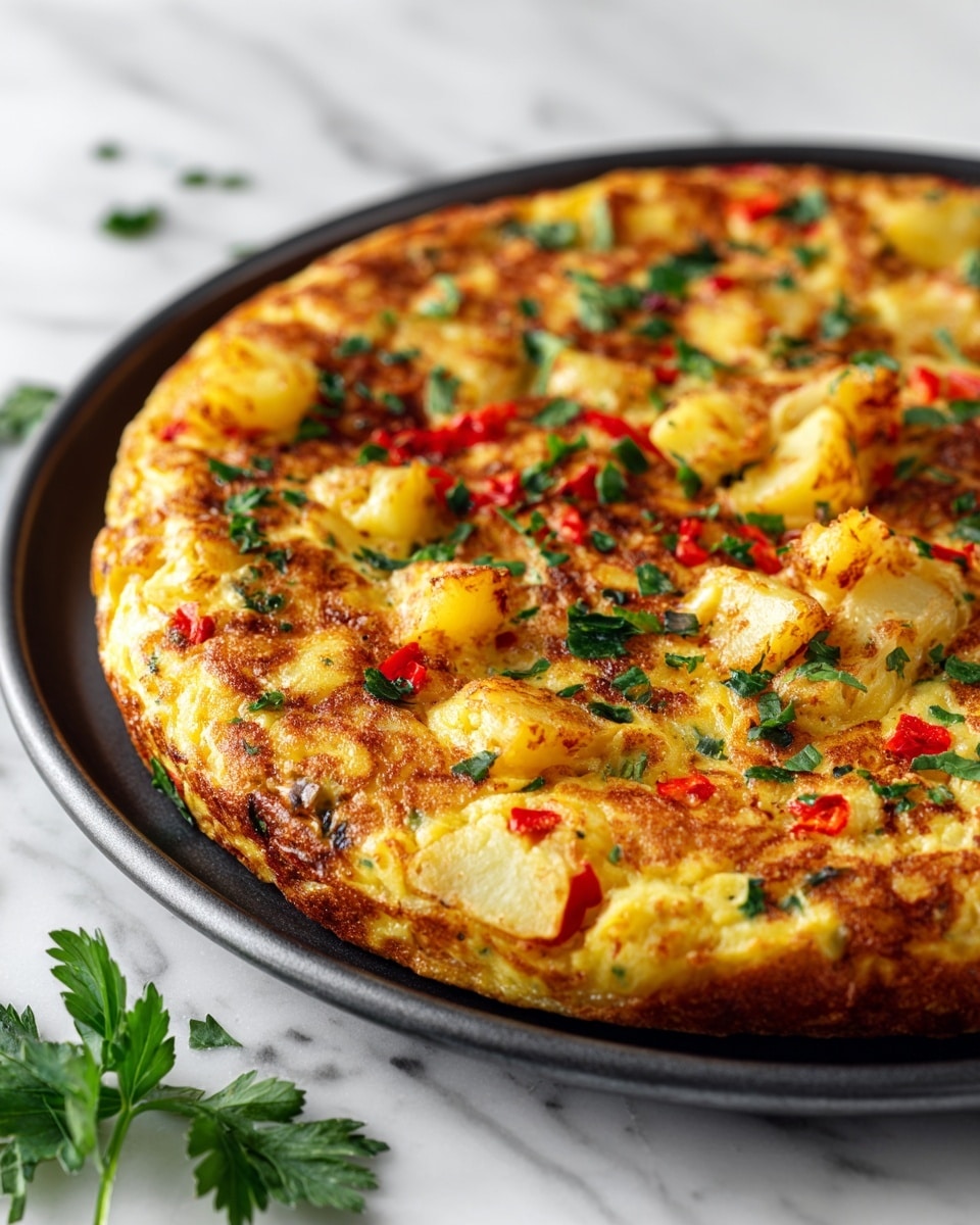 A thick, round tortilla sits on a black metal pan, showing about two main layers. The base layer is a light yellow with a firm baked texture, and small pieces of cooked vegetables like red peppers and green herbs peek through. The top layer is slightly softer with a more mixed yellow and light brown color, featuring chunks of potatoes and scattered chopped green herbs. The tortilla edges are lightly browned, slightly crispy, and the entire dish is set on a white marbled surface with some parsley leaves scattered around. Photo taken with an iphone --ar 4:5 --v 7