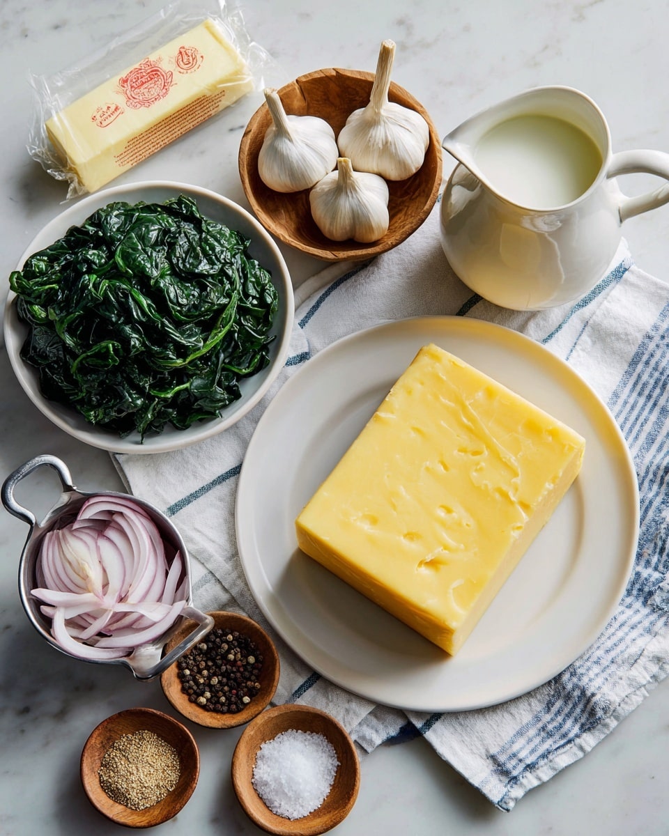 A white plate holds a large block of hard yellow cheese with a smooth texture and a dimple on the surface. Above it, a small wooden bowl contains three garlic cloves with papery skins, showing white and light brown shades. To the right, a white pitcher is partly filled with milk, positioned next to a wrapped stick of butter in pale yellow paper with red text. Below the butter, a white bowl contains a pile of cooked dark green leafy spinach with a soft texture. In the lower part, three small wooden bowls hold coarse white salt, whole black peppercorns, and a pile of brown sugar, with a metal measuring cup filled with thinly sliced pale purple shallots resting on a white cloth with blue stripes. All items sit on a white marbled surface photo taken with an iphone --ar 4:5 --v 7