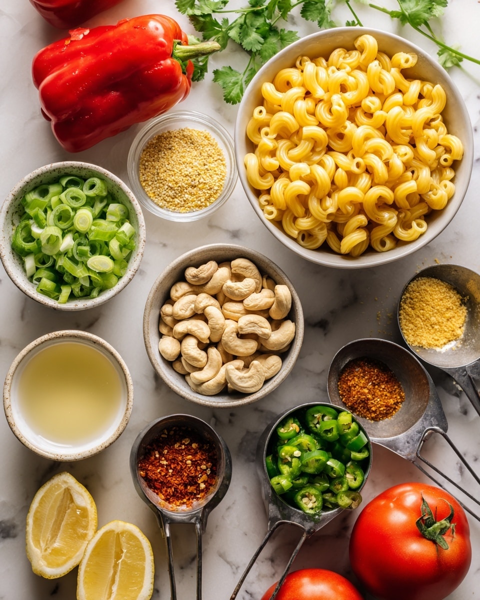The image shows a flat lay of several small white bowls and metal measuring cups arranged on a white marbled surface. There is a bowl filled with uncooked elbow macaroni positioned near the top right, bright yellow and smooth. Next to it, a bowl with chopped green onions, showing fresh, vibrant green rings. Below, a metal measuring cup holds whole, light tan cashew nuts. Another bowl contains two grilled red bell pepper pieces with slightly black char spots. A bowl of diced green chilies sits with a glossy texture. A separate bowl holds a reddish-brown spice mix. A metal measuring cup contains yellow nutritional yeast flakes. There is also a bowl with a pale yellow liquid, likely lemon juice, and half a lemon with visible juicy segments near the bottom left. Two whole bright red Roma tomatoes add more color near the top center, with sprigs of fresh cilantro scattered around the edges. The photo taken with an iphone --ar 4:5 --v 7
