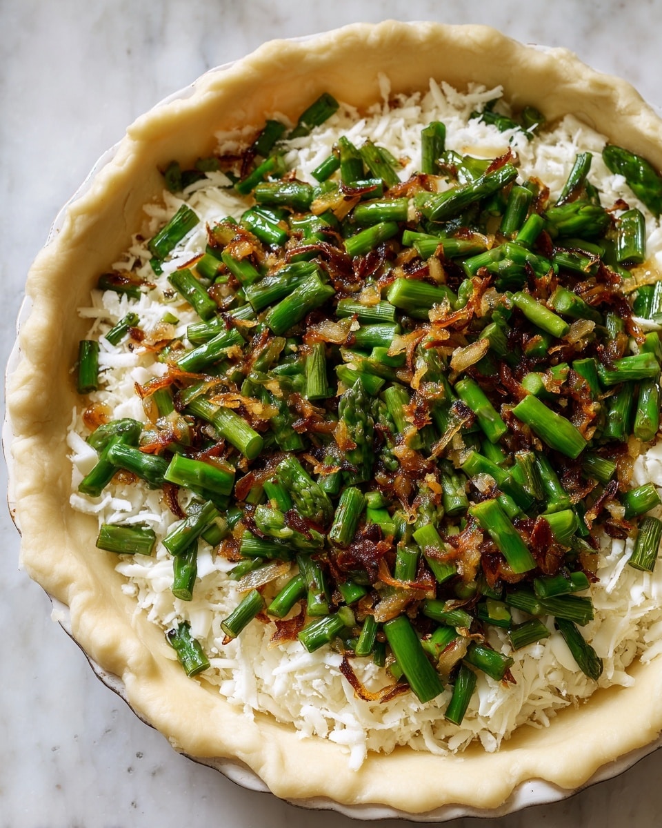 A round tart pan filled with three visible layers starting with a pale, raw dough crust that holds the filling, the middle layer is shredded white cheese spread evenly across the base, and the top layer is made up of vibrant green cooked asparagus pieces mixed with small caramelized bits of light brown onion, all set on a white marbled surface. photo taken with an iphone --ar 4:5 --v 7