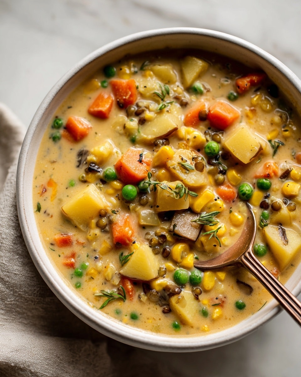 The image shows a close-up of a creamy soup filled with visible layers of diced light yellow potatoes, bright orange carrot chunks, green peas, yellow corn kernels, small brown lentils, and tiny pieces of mushrooms, all mixed evenly in a thick beige broth. A spoon with a warm bronze color is partially dipped in the soup, showing the dense texture of the soup and some of the ingredients resting on it. The soup is inside a round white bowl, placed on a white marbled surface with a soft linen cloth nearby. photo taken with an iphone --ar 4:5 --v 7