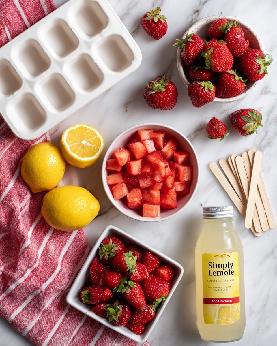 The image shows a top view of ingredients for making popsicles on a white marbled surface. There is a white popsicle tray at the top left with empty slots. Near the center, there is a white bowl filled with small red chopped strawberries, surrounded by whole fresh strawberries scattered around it. To the right, a white square bowl contains more large whole strawberries. On the bottom left, there are whole and sliced bright yellow lemons next to a pink and white striped cloth. Several wooden popsicle sticks are placed next to the lemons. On the bottom right, a bottle of light yellow lemonade labeled
