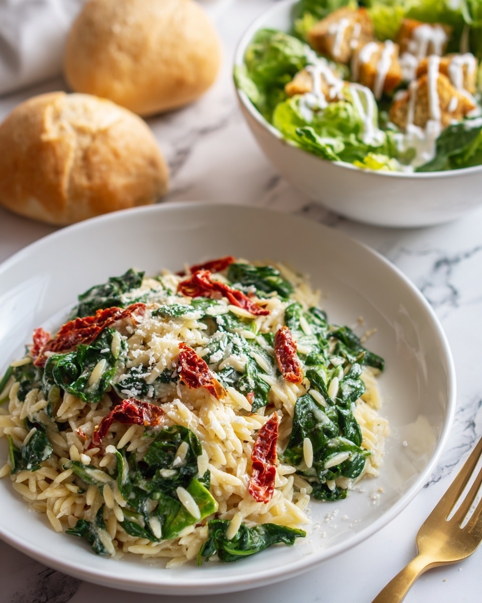A white plate sits on a white marbled surface, filled with one layer of orzo pasta mixed with bright green spinach leaves and thin slices of red sun-dried tomatoes, topped with some light cheese crumbs. Behind the plate, there is a fresh green salad with mixed greens and pieces of golden brown croutons in a white bowl, drizzled with white dressing. Two halves of a light brown, soft bread roll are placed around the plate. A gold fork rests near the right side of the plate. Photo taken with an iphone --ar 4:5 --v 7