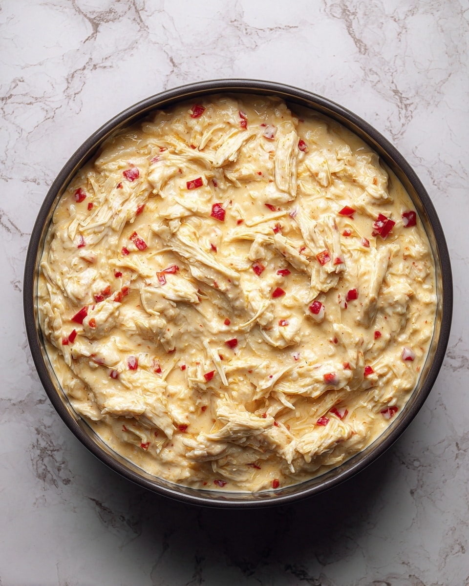 A large bowl filled with a creamy mixture showing shredded white chicken pieces embedded in a thick, pale yellow sauce with small, scattered red bits that look like chopped peppers. The texture is smooth and dense with visible lumps of chicken spread evenly throughout. The bowl is dark and the surface around the dish has a white marbled texture. The photo taken with an iphone --ar 4:5 --v 7