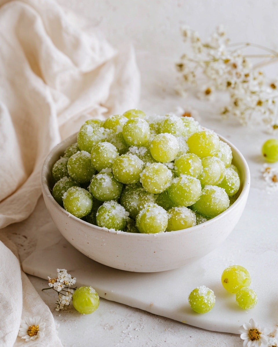 A round white bowl full of small, light green grapes, each grape covered with a layer of white sugar crystals creating a frosted look. The bowl is placed on a white marbled board, which is on a table of the same white marbled texture. Around the bowl, there are a few scattered sugared grapes and small white flowers, adding a soft decoration. On the left side of the image, a cream-colored cloth is draped casually. The overall scene is bright and fresh with soft, natural light. photo taken with an iphone --ar 4:5 --v 7