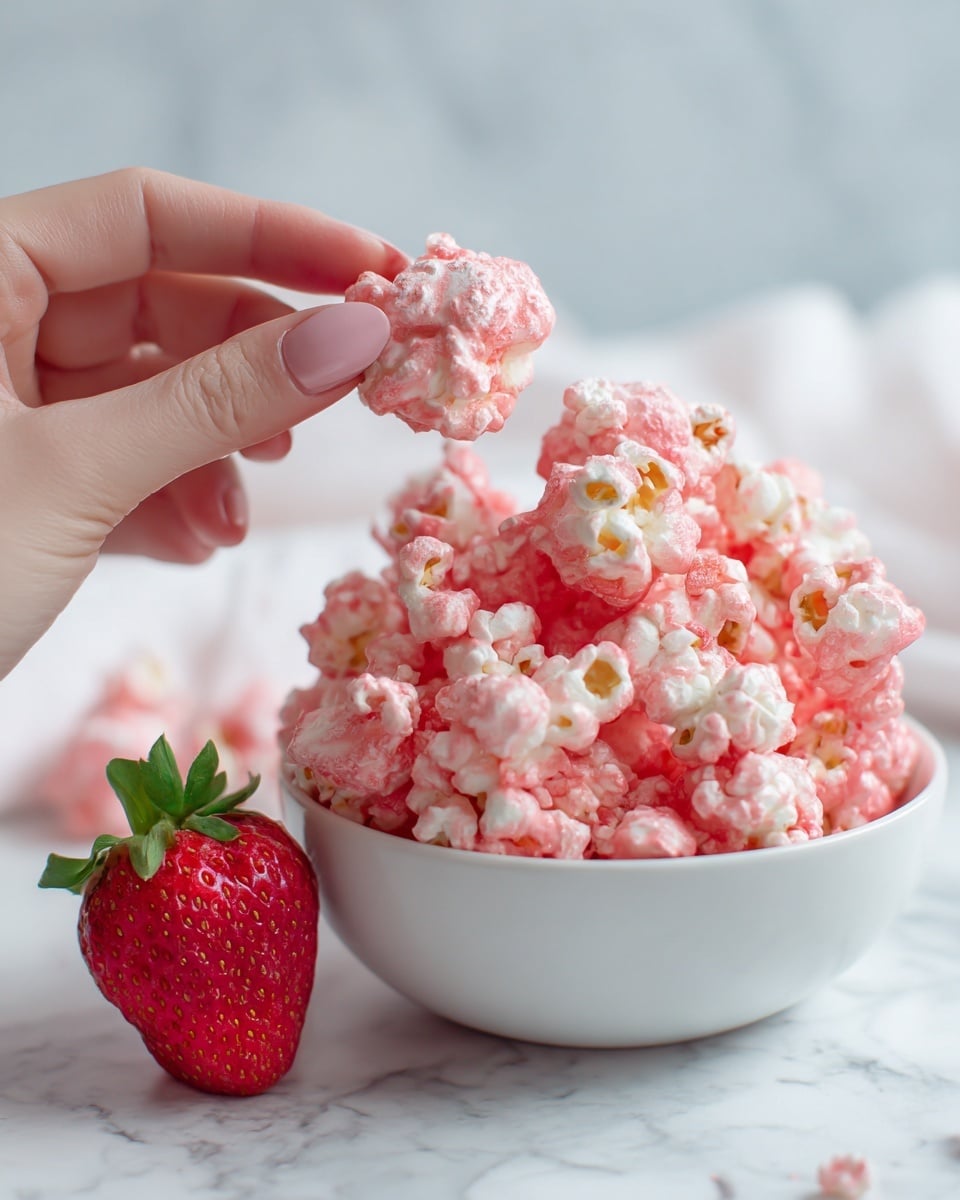 The image shows a close-up of a white bowl full of popcorn coated with a pink strawberry-flavored layer. The popcorn's white fluffy part is partly visible under the textured pink coating. A fresh red strawberry half with green leaves is placed on the side of the bowl. Above the bowl, a woman's hand is holding a piece of the coated popcorn between her fingers. The background and surface are white marbled with soft lighting giving a fresh, clean look. photo taken with an iphone --ar 4:5 --v 7