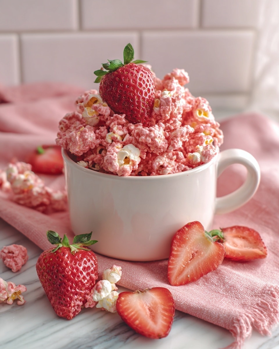 A white cup shaped like a bowl is filled with popcorn covered in a pink coating, giving it a slightly rough and bumpy texture. On top of the popcorn is a half strawberry with a bright red color and a green leaf attached. Around the cup, there are whole and sliced strawberries with the same vibrant colors placed on a pink cloth, all set against a white marbled surface with a blurred white tile wall in the background. photo taken with an iphone --ar 4:5 --v 7