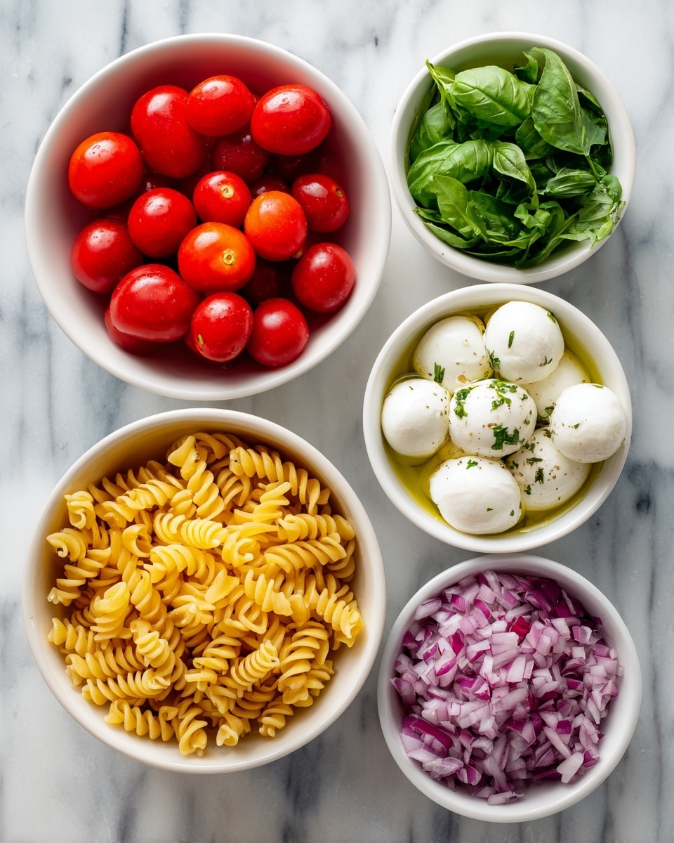 The image shows five small white bowls arranged on a white marbled surface. The top left bowl is filled with bright red cherry tomatoes, some whole and some cut in half, showing their juicy texture. Next to it on the right, a small bowl holds fresh green basil leaves with a smooth texture. On the lower left, a bowl is filled with uncooked yellow spiral pasta, showing a dry, curly texture. To the right of that, a bowl contains white mozzarella balls soaking in clear oil with visible herbs sprinkled on them. At the bottom, a bowl holds finely chopped red onions, showing a mix of purple and white bits with a slightly glossy look. The colors and textures are fresh and vivid. photo taken with an iphone --ar 4:5 --v 7