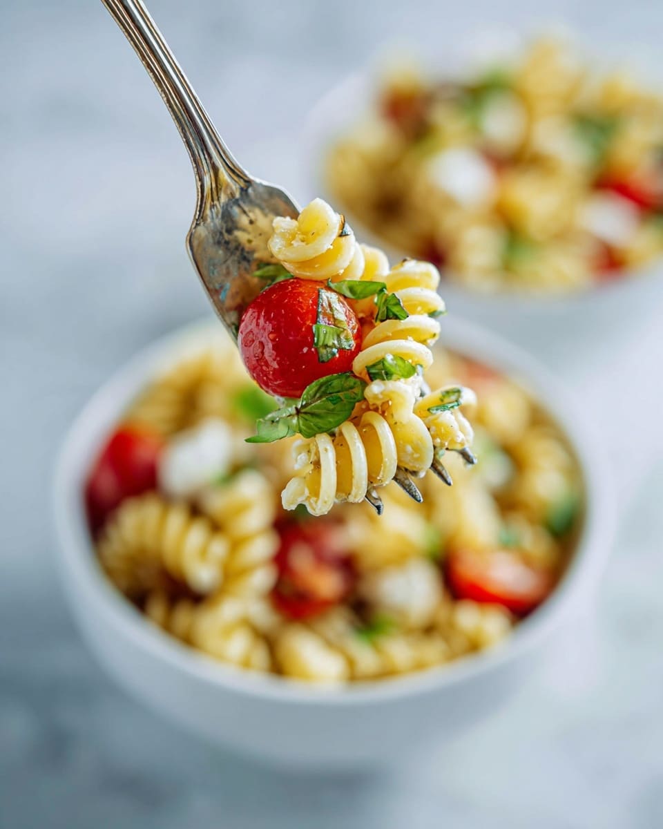 A close-up view of a silver fork holding a small bite of pasta salad. On the fork, there are three light yellow pasta spirals, one bright red cherry tomato half, and some white cheese pieces mixed with small green basil pieces, all showing a slightly shiny texture. In the background, there are two white bowls filled with the same pasta salad, with more yellow pasta, red tomatoes, white cheese, and green herbs visible. The whole scene is set on a white marbled surface, with soft and natural light giving a fresh and clean look. photo taken with an iphone --ar 4:5 --v 7