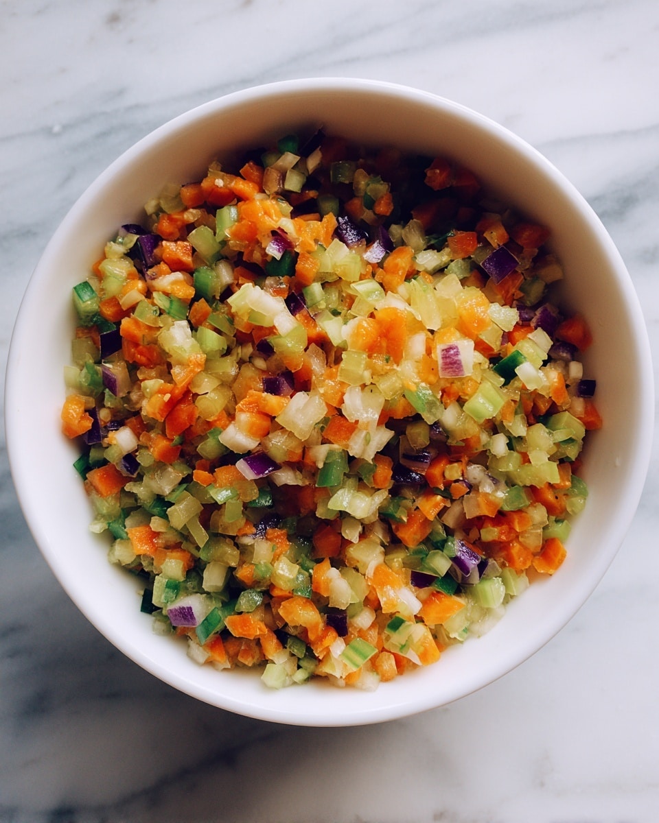 The image shows a white bowl filled with finely chopped mixed vegetables. There are small pieces of orange carrots, light green celery, darker green peppers, and bits of purple onion, all combined evenly. The texture looks fresh and slightly moist, with the tiny vegetable pieces spread throughout the bowl. The bowl sits on a white marbled surface. photo taken with an iphone --ar 4:5 --v 7