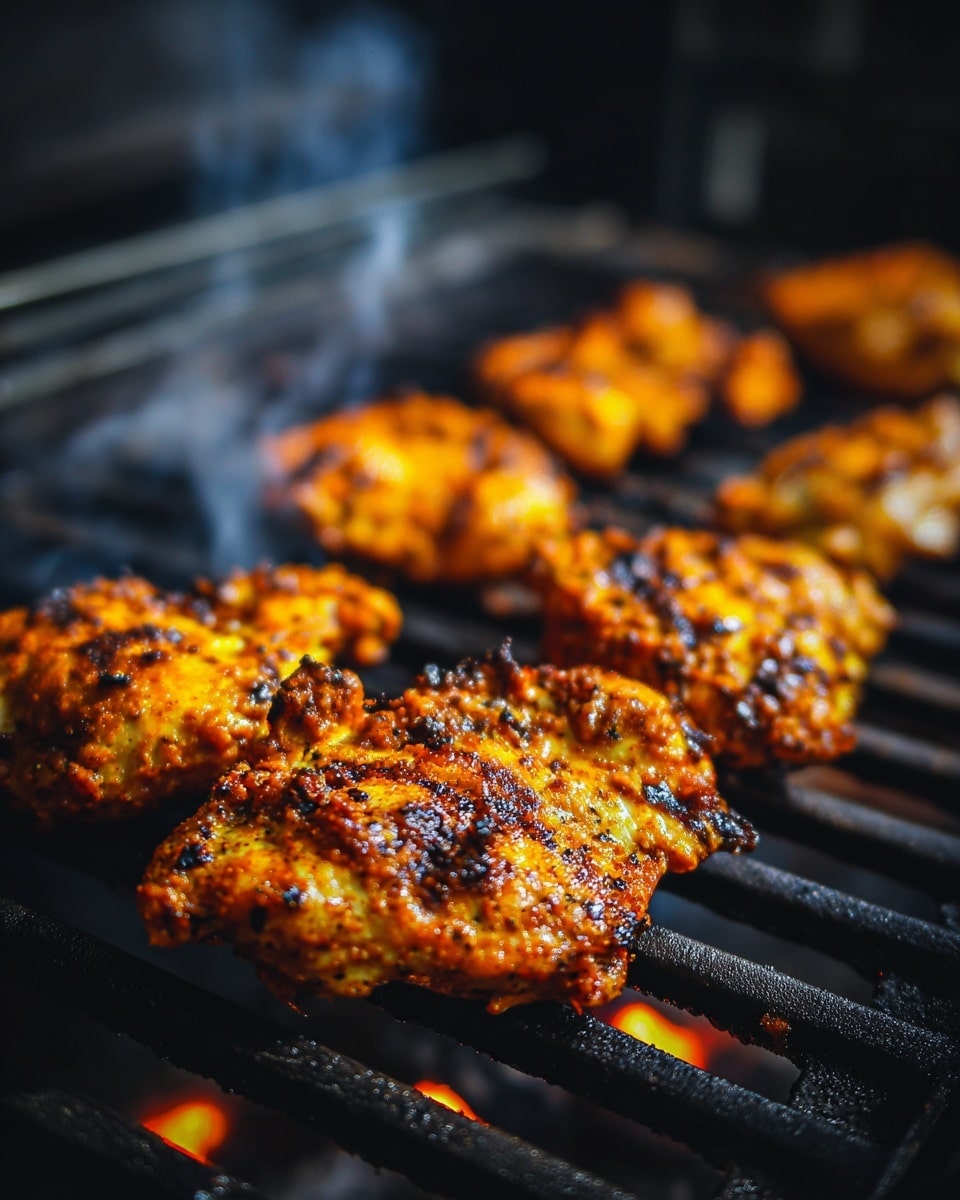 Several pieces of orange-brown seasoned chicken sit on dark grill grates with visible smoke rising between them. The chicken pieces have a slightly rough texture from the spices and sauce coating them, with some areas showing a glossy shine under the light. The grill bars create parallel lines underneath the chicken, and some small glowing spots of embers are faintly visible between the grates. The background is softly blurred, keeping the chicken as the main focus. Photo taken with an iphone --ar 4:5 --v 7