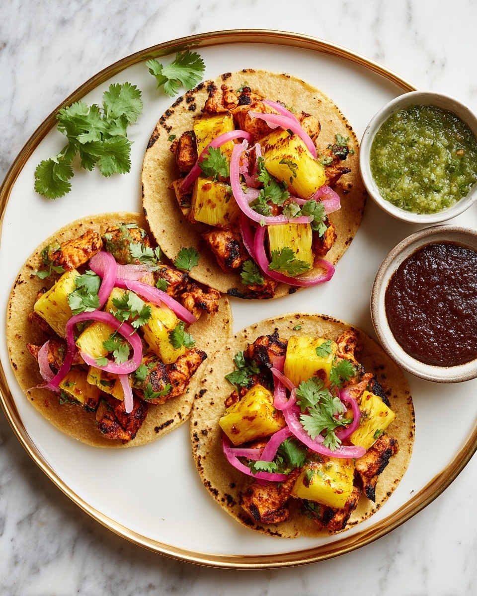 The image shows three tacos on a round white plate with a gold rim, placed on a white marbled surface. Each taco has a light brown corn tortilla as the base. The first layer inside each taco is made of small grilled chicken pieces with a slightly charred texture and a reddish-brown color. On top of the chicken are bright yellow grilled pineapple chunks with visible grill marks. Scattered over the pineapple and chicken are thin slices of bright pink pickled onions and fresh green cilantro leaves, adding color contrast. On the upper right side of the plate, two small round bowls are placed; one bowl contains a green salsa with a chunky texture and visible white seeds, while the other bowl has a smooth dark red sauce. Fresh cilantro sprigs are also seen above the plate on the white marbled surface. photo taken with an iphone --ar 4:5 --v 7
