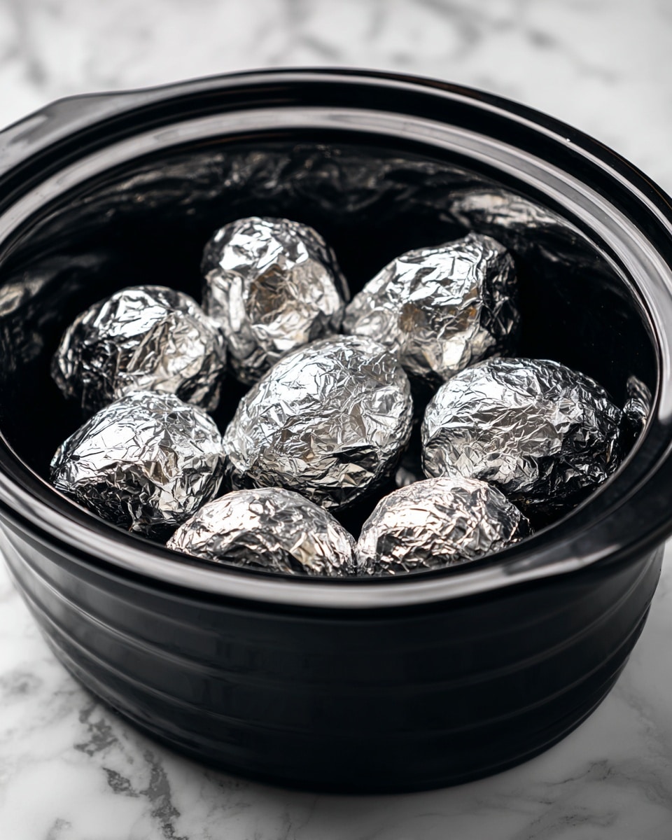 The image shows a black slow cooker filled with eight potatoes wrapped tightly in shiny silver foil. The foil covers each potato completely, creating a crinkled texture with light reflections on the surface. The slow cooker’s smooth black interior contrasts with the bright silver foil, and the scene sits on a white marbled surface. The potatoes are stacked to fill the cooker, with some foil edges slightly overlapping. photo taken with an iphone --ar 4:5 --v 7
