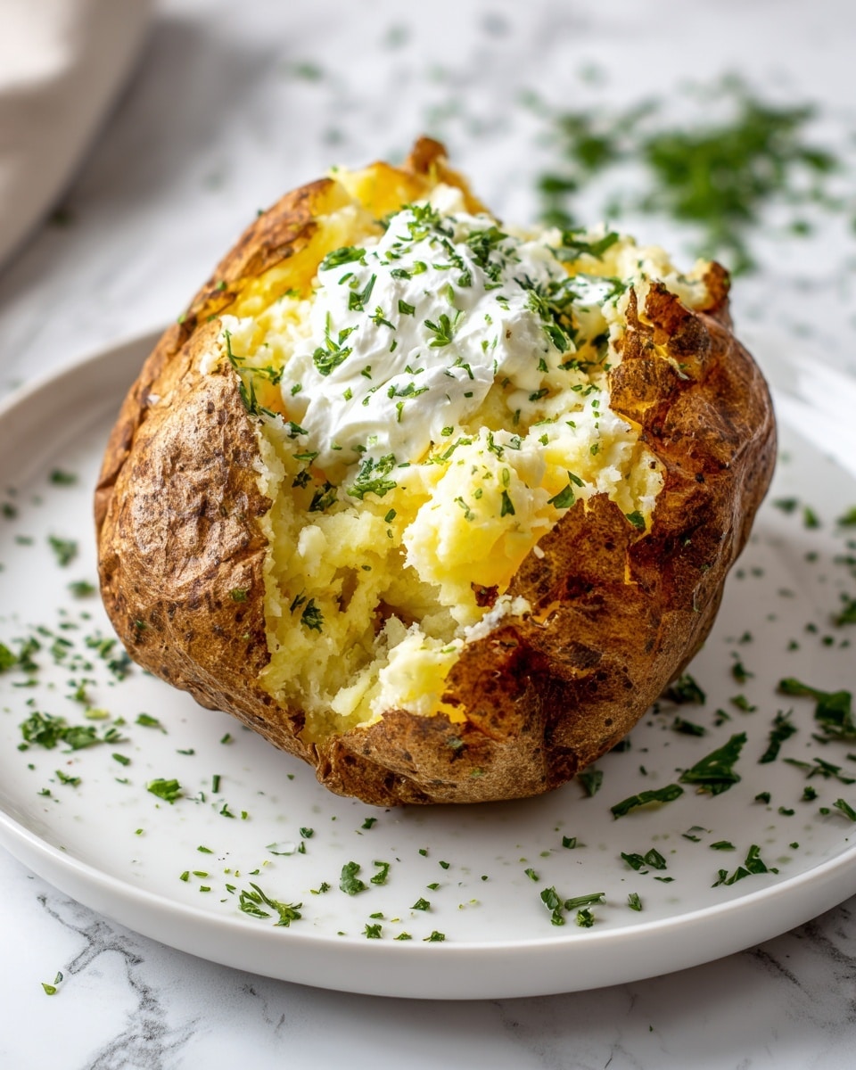 A baked potato with a brown, rough skin sits open on a white plate over a white marbled surface. The inside is fluffed and light yellow with a crumbly texture. On top, there is a dollop of white sour cream sprinkled with small pieces of chopped green herbs. The plate has some scattered green herbs around the potato. photo taken with an iphone --ar 4:5 --v 7