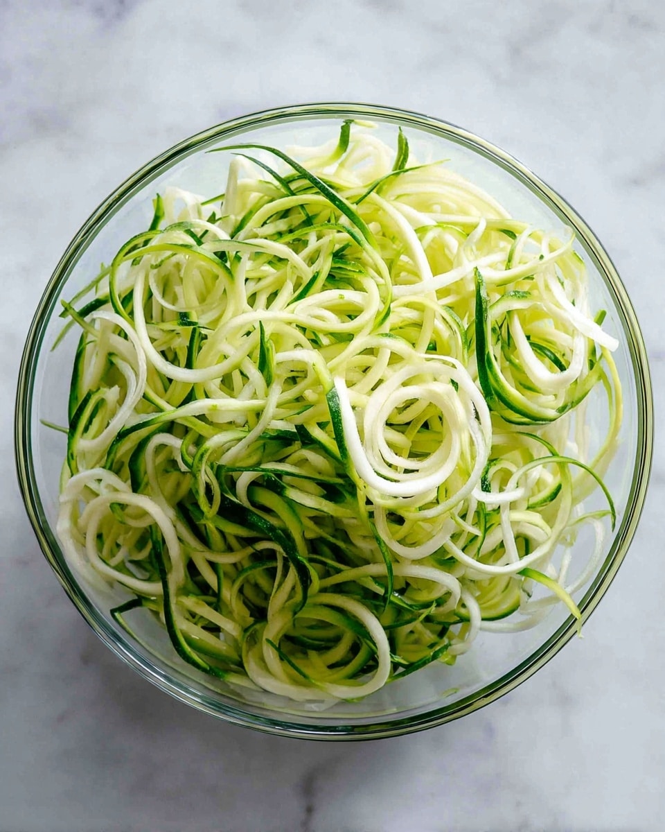 A clear glass bowl filled with light green and white spiralized zucchini noodles piled high, showing a mix of thin and slightly thicker spirals with fresh green edges and pale inner flesh, placed on a white marbled surface, the texture soft but fresh, light shining gently from above, photo taken with an iphone --ar 4:5 --v 7