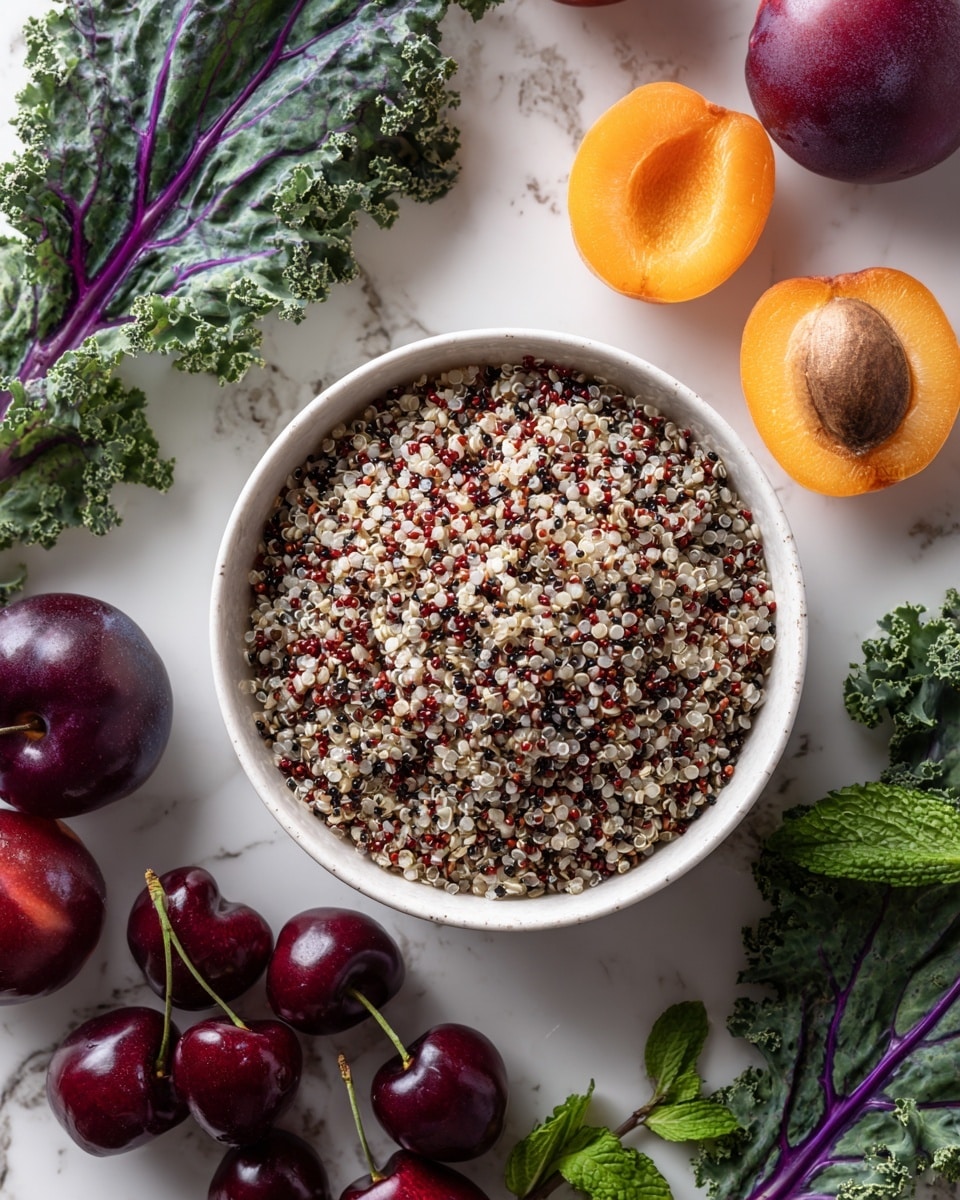 A white bowl filled with tri-color quinoa, showing small round grains in shades of white, red, and black, is placed on a white marbled surface. Surrounding the bowl are fresh dark red cherries with shiny skins and green stems. There are two halves of plum with deep red flesh and visible pits, as well as two halves of bright orange apricot with large brown seeds. Light purple radicchio leaves with white veins and green kale leaves are scattered around, along with fresh green mint leaves adding texture and color contrast. The arrangement looks fresh and natural in a flat lay style, photo taken with an iphone --ar 4:5 --v 7