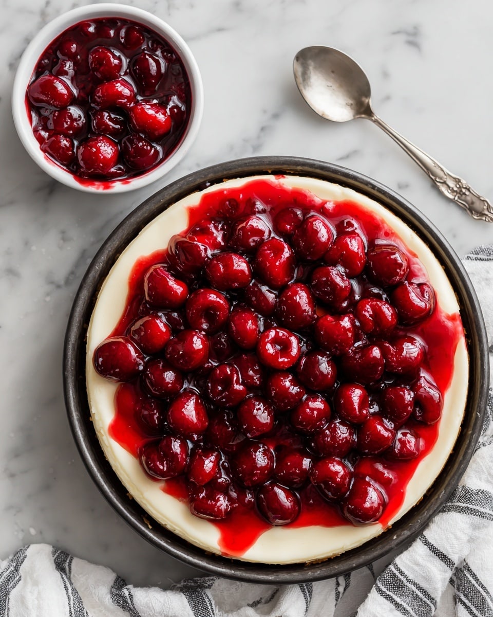 A round cheesecake with a smooth, creamy white top layer fills a dark springform pan, sitting on a white marbled surface. On top of the cheesecake is a thick layer of glossy bright red cherry topping, where whole cherries covered in a shiny syrup are spread mostly in the middle. To the top left, there is a small white bowl also filled with the same cherry topping, with a silver spoon resting inside it. A white and black striped cloth is partially visible at the bottom right of the image. Photo taken with an iphone --ar 4:5 --v 7