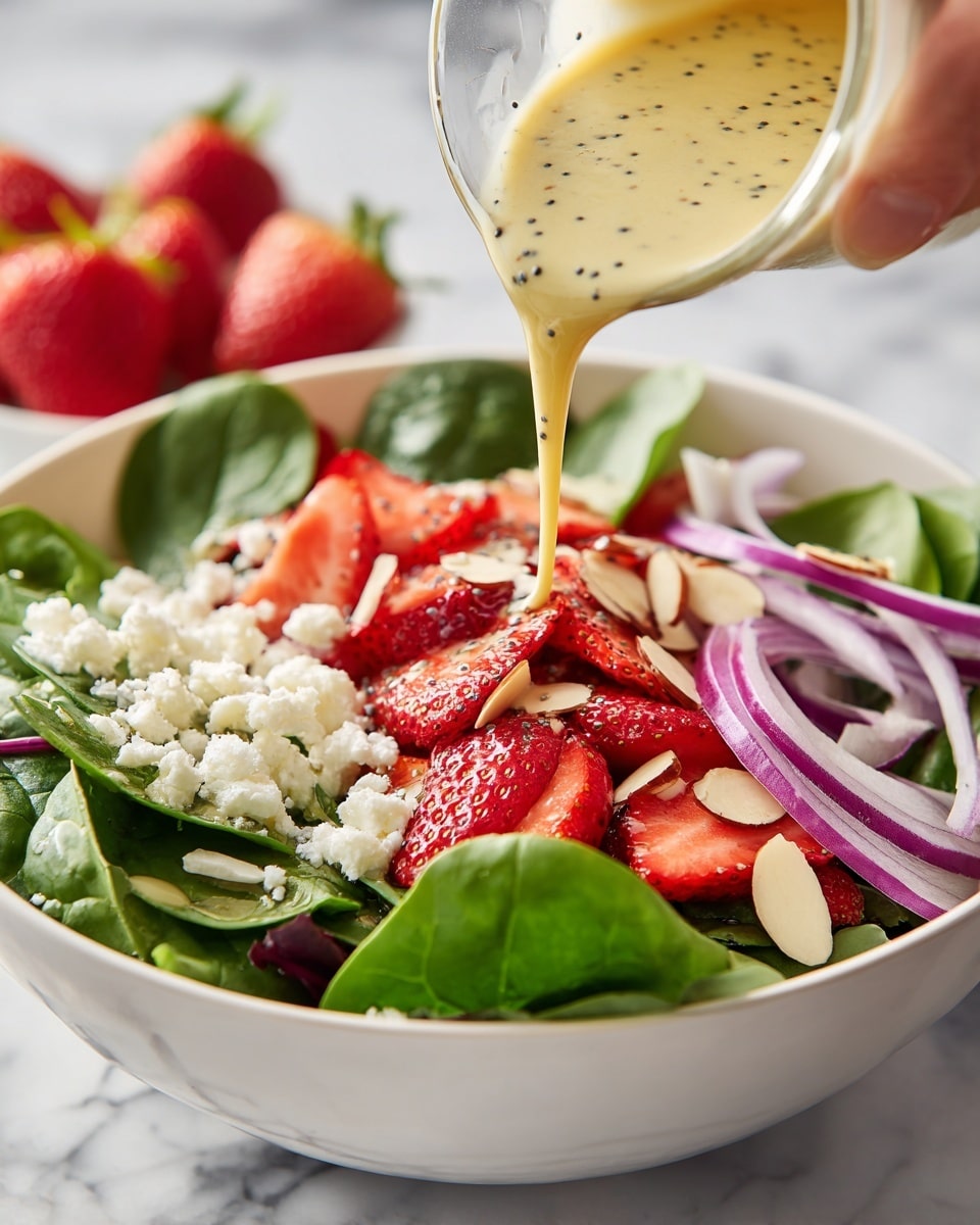 A close-up of a fresh salad in a white bowl, showing layers from bottom to top: deep green spinach leaves forming the base, bright red sliced strawberries spread over the spinach, crumbled white cheese sprinkled on one side, thin slices of toasted almonds scattered around, and thin rings of purple red onion on the edge. A woman's hand is pouring a creamy light yellow dressing with visible dark poppy seeds over the strawberries and cheese. The bowl sits on a white marbled surface with more sliced strawberries in the background. photo taken with an iphone --ar 4:5 --v 7