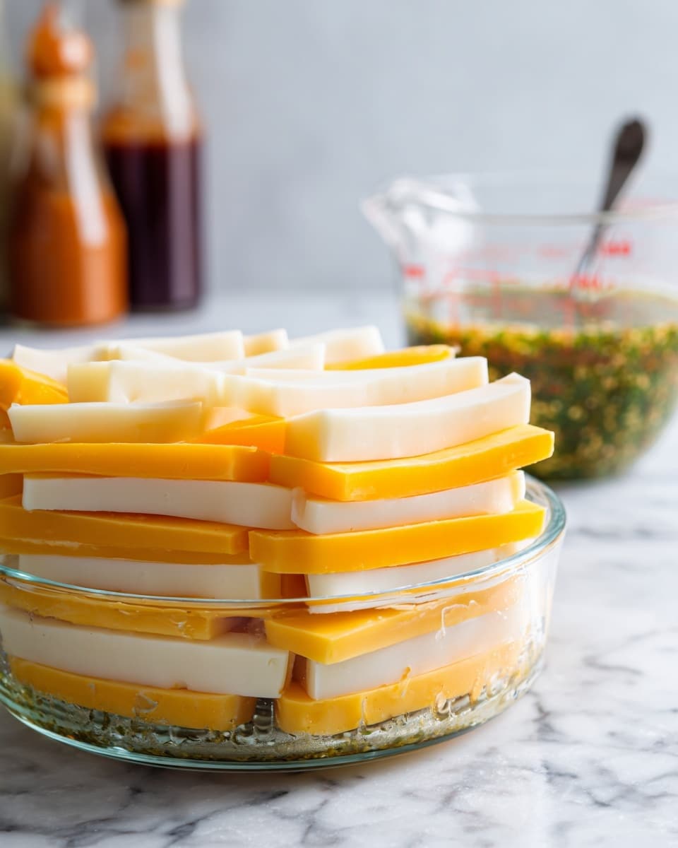 This image shows tightly stacked layers in a clear baking dish, alternating between bright yellow and pale white slices arranged vertically to form several neat stacks. The stacks are topped with a colorful mix of chopped red and yellow bell peppers and small pieces of chopped green onion, with visible black pepper seasoning sprinkled all over. The dish is sitting in a shallow pool of yellowish liquid inside the clear container, placed on a white marbled surface. photo taken with an iphone --ar 4:5 --v 7