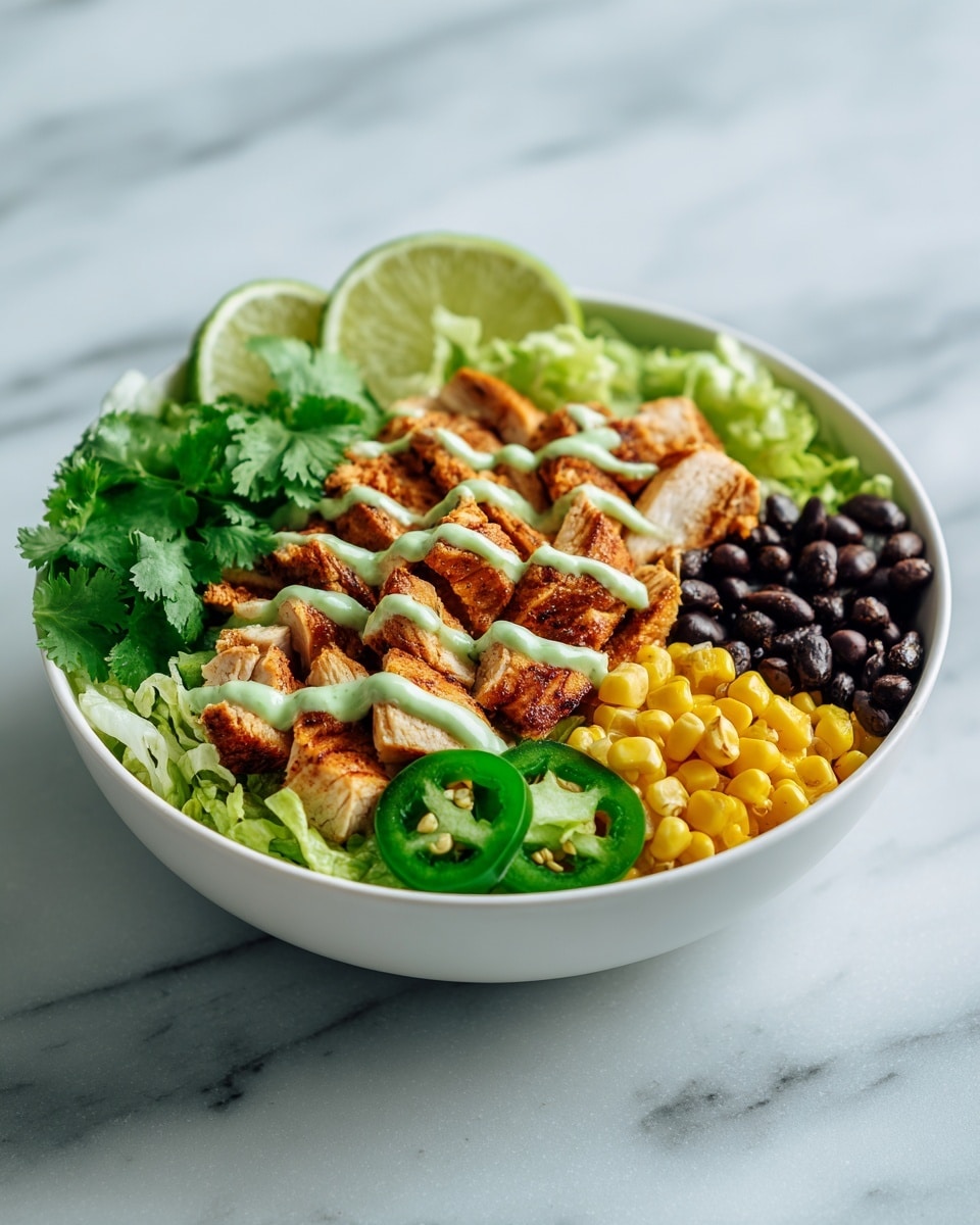 This image shows a white bowl filled with layers of food on a white marbled surface. The bottom layer is shredded green lettuce. On top, there are sliced golden-brown chicken pieces with a slightly crispy texture. A light green creamy sauce is drizzled over the chicken. To the right side of the bowl, there is a serving of shiny black beans and bright yellow corn kernels. Around the bowl's edge, there are some fresh, vibrant green cilantro leaves and sliced green jalapeño peppers. Two lime slices, light green with visible juice sacs, are placed on the left side of the bowl. The mix of colors and textures makes the dish look fresh and tasty. photo taken with an iphone --ar 4:5 --v 7