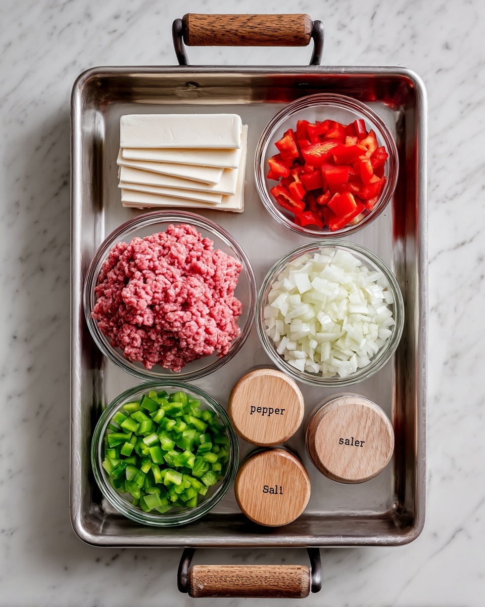 The image shows a metal tray with wooden handles on a white marbled surface. Inside the tray, there are six clear glass bowls arranged in two rows. The center bowl contains pink ground meat with a coarse texture. To the left of it is a small bowl with a smooth white block of cream cheese, and above that is a bowl with six round slices of pale yellow cheese stacked flat. To the right of the meat bowl, there are bowls filled with small diced green bell peppers and red bell peppers. Above the meat bowl is a clear bowl filled with finely chopped white onions. In the front right corner of the tray, two round containers with wooden lids are labeled