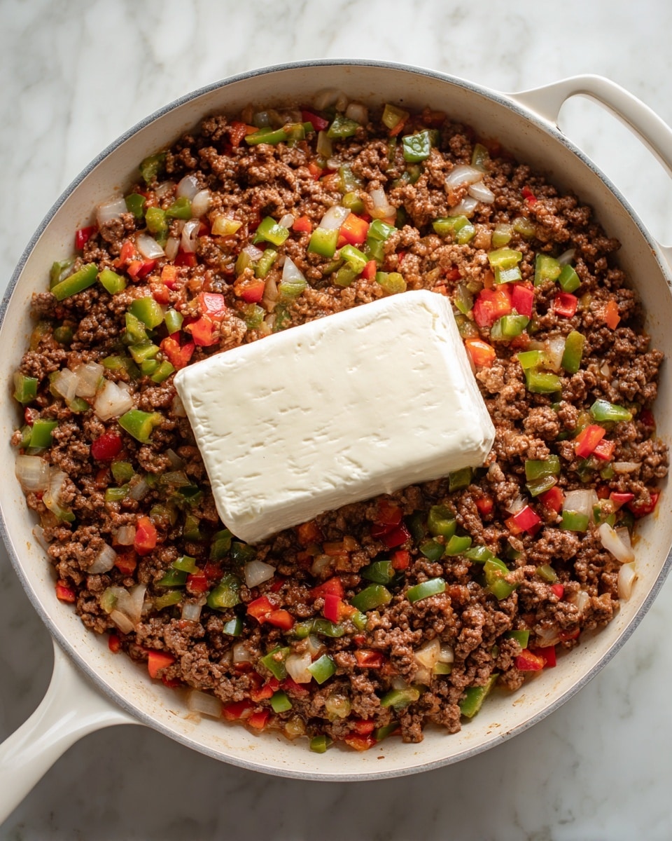 A white pan filled with cooked ground beef mixed with chopped green and red bell peppers and diced white onions, showing a mix of brown, green, red, and translucent colors. In the center of the pan, there is a large rectangular block of white cream cheese sitting on top of the beef mixture. The pan is placed on a white marbled surface. photo taken with an iphone --ar 4:5 --v 7
