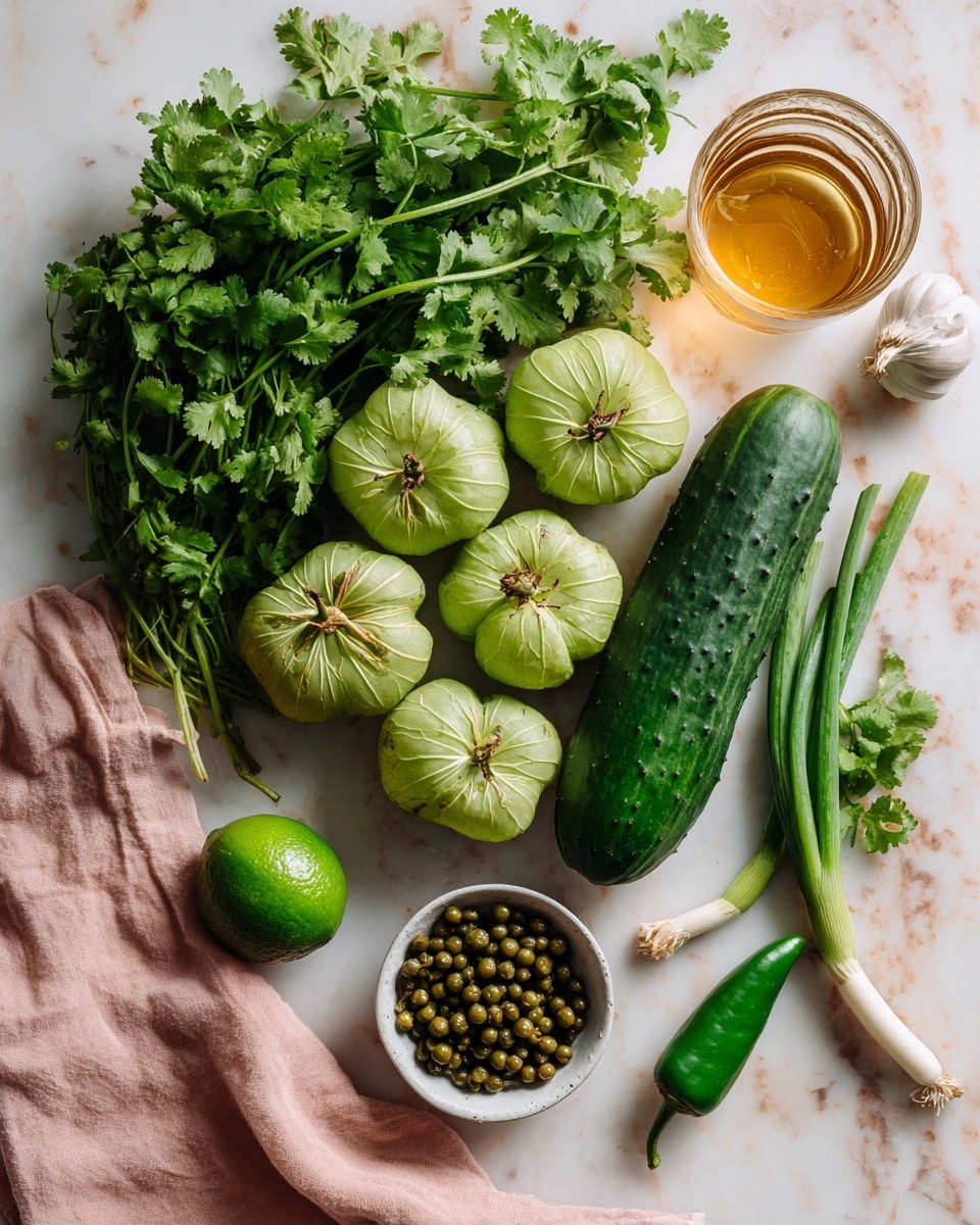 A collection of fresh ingredients is arranged on a white marbled surface, including a large bunch of bright green cilantro at the top left, six light green tomatillos with papery husks clustered below it, and a long dark green cucumber placed vertically in the center. To the right of the cucumber, there are two shiny green limes, a bunch of green onions with long stems, a whole white garlic bulb, and a small bunch of curly parsley. A small jalapeño pepper is located near the tomatillos, and a white bowl filled with green capers sits near the bottom center. In the top right corner, a glass container with a golden liquid adds warmth to the scene. A soft pinkish-beige cloth lies partly under the ingredients on the left side. Photo taken with an iphone --ar 4:5 --v 7
