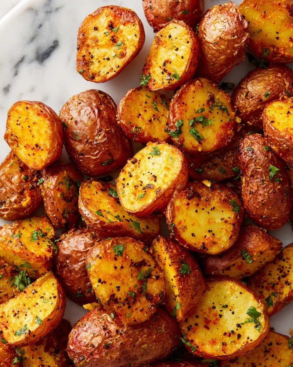 The image shows a close-up of many small pieces of roasted red potatoes with their skin on, piled together. Each potato piece has a rough, crunchy texture on the outside with a golden-brown color and some orange-yellow seasoning spread unevenly. The inside of the potatoes looks soft and pale yellow. There are small bits of green herbs and black pepper sprinkled on the potatoes. The background is a white marbled texture. photo taken with an iphone --ar 4:5 --v 7