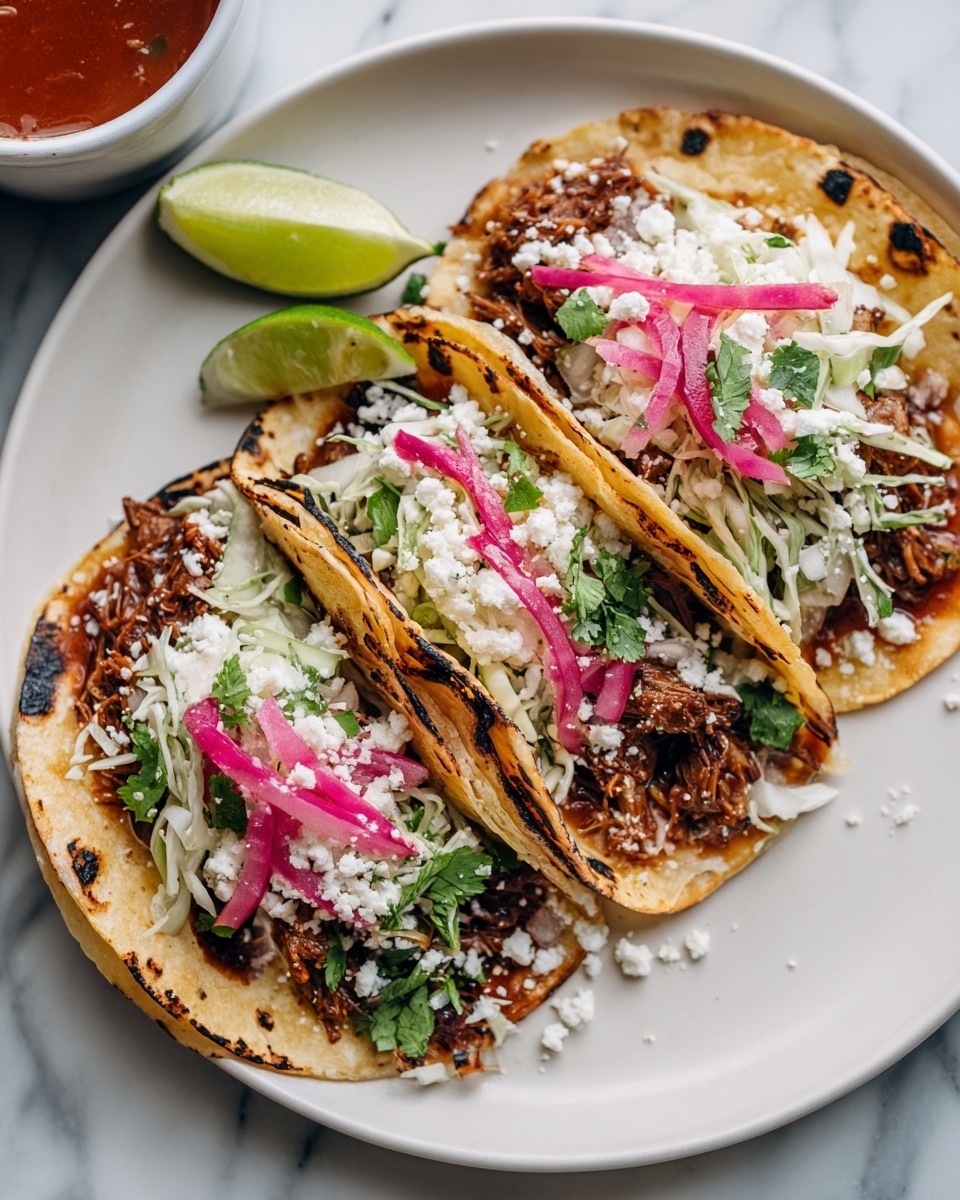 Three tacos are placed on a white plate over a white marbled surface. Each taco is made with slightly browned corn tortillas with a few dark spots, folded and filled with shredded brown meat mixed with chopped white onions and fresh green cilantro. On top, there are thin white cabbage strips, bright pink pickled onions, and small pieces of crumbly white cheese. A fresh green lime wedge rests near the edge of the plate. In the background, part of a white cup with a red sauce inside is slightly visible. Photo taken with an iphone --ar 4:5 --v 7