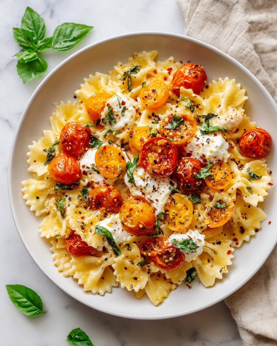 A white pan with a golden handle holds a dish with three layers: the bottom layer is curly light brown cooked noodles mixed with small red and yellow roasted cherry tomatoes and bits of sauce, the middle layer is scattered green fresh basil leaves, and the top layer is a large dollop of soft, white creamy cheese placed in the center, textured and slightly torn to show its softness. The pan sits on a white marbled surface. photo taken with an iphone --ar 4:5 --v 7