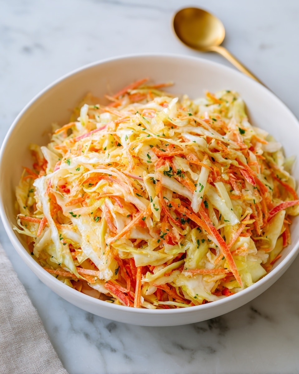 A white round bowl filled with a colorful mix of shredded orange carrots and pale yellow cabbage, with small green herb pieces scattered throughout. The mixture is layered evenly, showing a slightly moist texture with thin, soft vegetable strips piled to the top edge of the bowl. The bowl sits on a white marbled surface, and a golden spoon is partially visible nearby. photo taken with an iphone --ar 4:5 --v 7