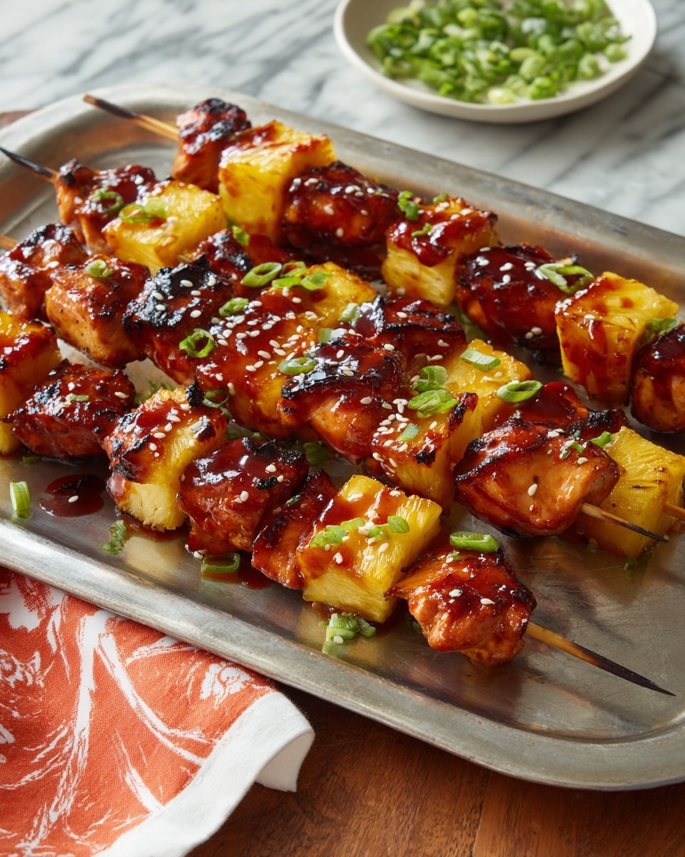 The image shows several skewers lined up on a shiny metal tray resting on a wooden table. Each skewer has pieces of grilled chicken glazed with a shiny, reddish-brown sauce, alternating with golden-yellow chunks of grilled pineapple. The chicken pieces are slightly charred with a glossy texture, and the pineapple chunks show grill marks and a soft, juicy look. Scattered green onion slices and white sesame seeds decorate the skewers for a fresh contrast. A white marbled surface is implied in the background along with a bit of a white plate filled with chopped green onions on the side. An orange and white cloth rests on the side of the metal tray. photo taken with an iphone --ar 4:5 --v 7