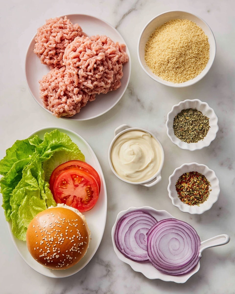 The image shows ingredients for making chicken burgers arranged neatly on a white marbled surface. There are two piles of ground chicken meat placed at the top left, one with darker pink color labeled ground dark chicken meat, and the other lighter pink labeled ground chicken breasts. To the right of them, a small white bowl holds pale yellow breadcrumbs with a fine texture. Next to it, another white bowl contains a mix of green and red spices with varying textures. Below these, a small white scalloped bowl holds smooth, light mayonnaise. Two golden sesame seed burger buns are placed beside the bowls. At the bottom left, a white oval plate holds fresh green lettuce leaves, a bright red tomato, and several round slices of purple onion, showing distinct layers and smooth surfaces. Photo taken with an iphone --ar 4:5 --v 7