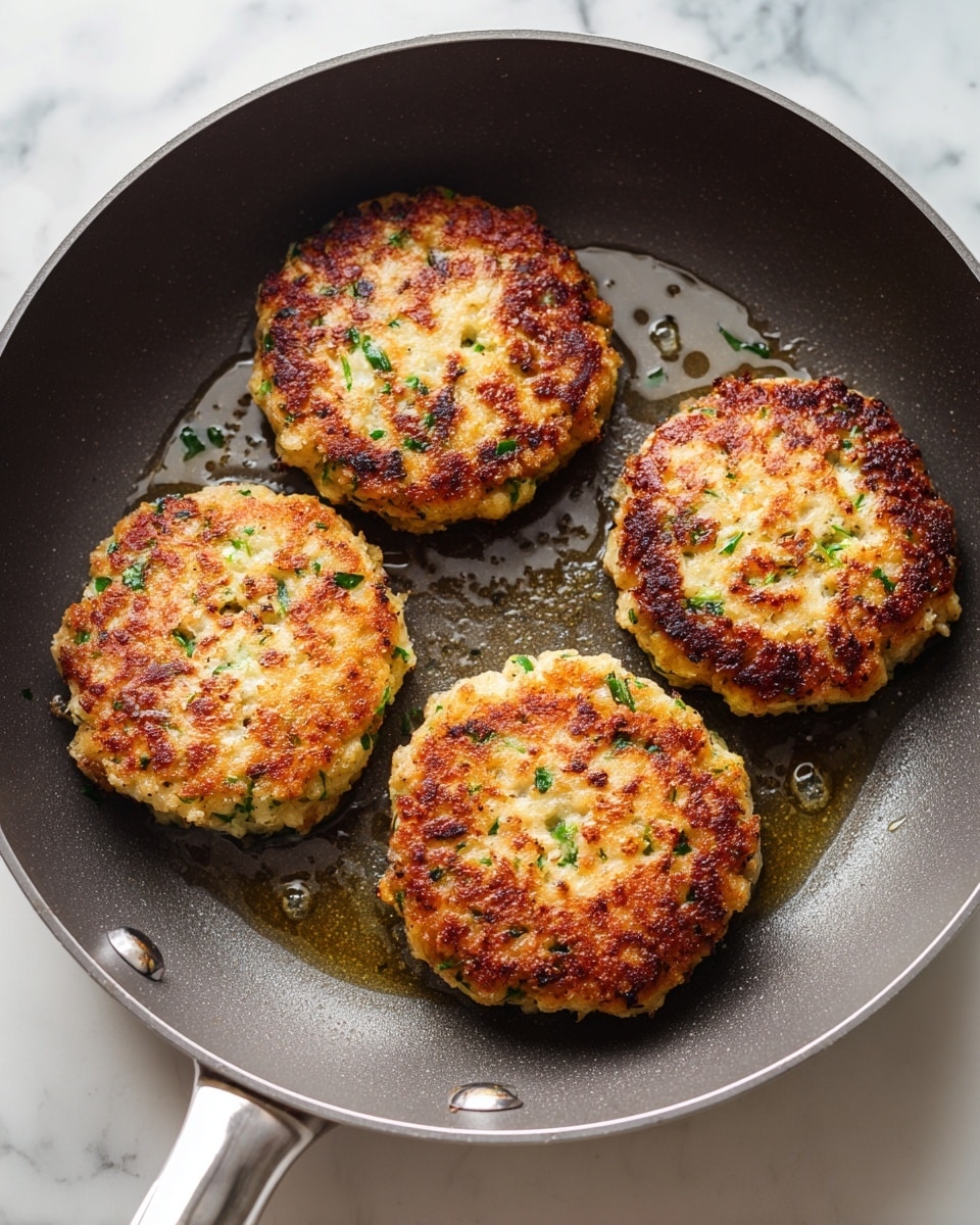 The image shows four golden brown patties cooking in a dark gray non-stick frying pan with a silver handle. Each patty is round with uneven edges and has a crispy, textured surface with bits of green herbs visible throughout. The patties have a mix of light tan and darker brown spots, showing they are well cooked on the outer layer. The frying pan sits on a white marbled surface with some oil glistening inside the pan around the patties. The light comes from above, highlighting the patties' crispy texture. photo taken with an iphone --ar 4:5 --v 7
