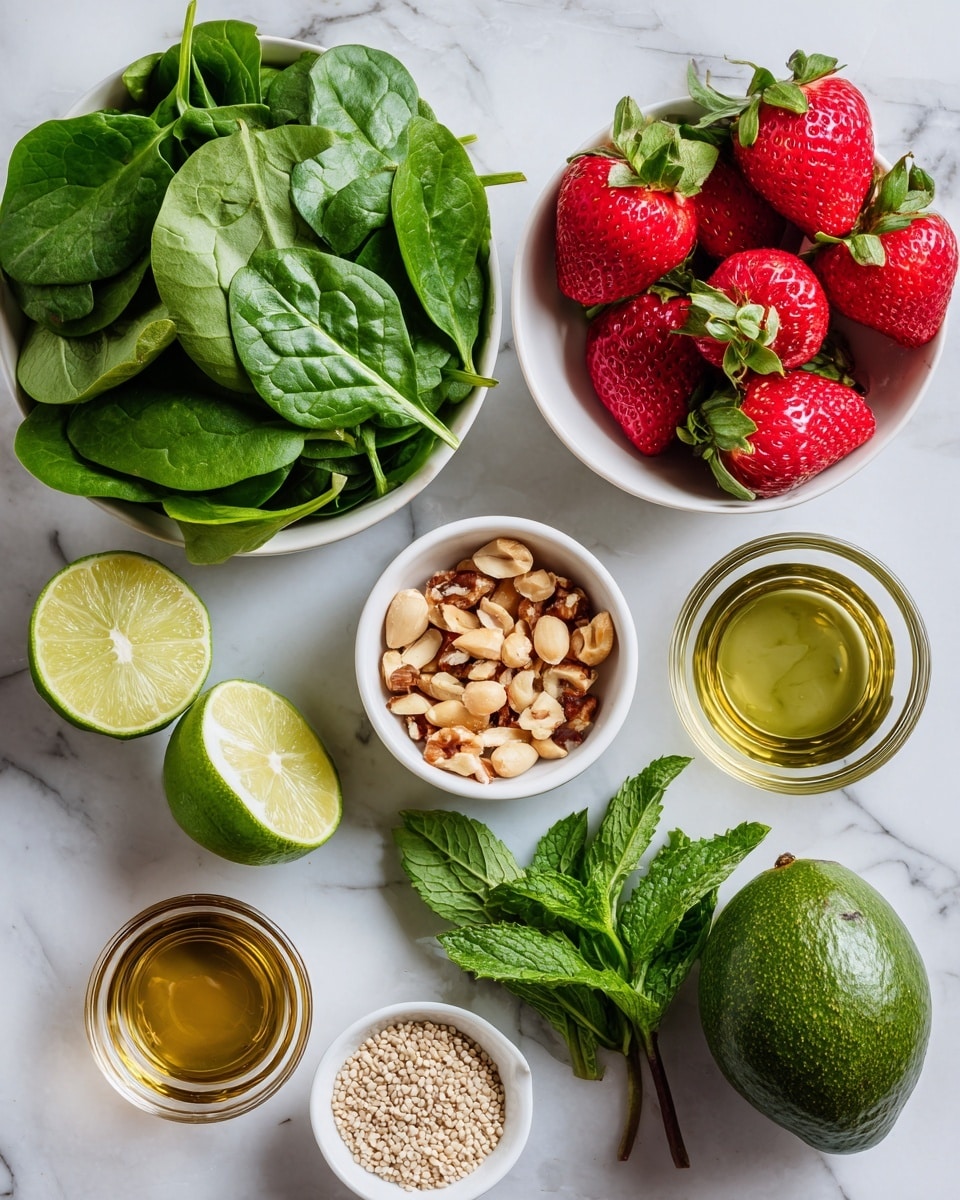 The image shows several white bowls and items arranged on a white marbled surface. The largest bowl at the top left is full of fresh, dark green spinach leaves with a smooth, leafy texture. To the right, a medium white bowl holds bright red strawberries with green leafy tops, slightly shiny and textured. Below the spinach, a small white bowl is filled with chopped nuts in light brown and beige tones. In the center bottom, a small white bowl contains tiny beige seeds. To the left, there are two halves of a juicy lime with a light green inside. Below the lime, a small white bowl holds light amber liquid, and next to it, a clear glass with golden oil. On the right side near the bottom, there is a whole bright green avocado with a bumpy texture and a small bunch of fresh green mint leaves. photo taken with an iphone --ar 4:5 --v 7