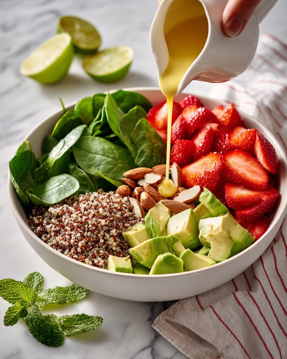 A white bowl sits on a white marbled surface with a striped cloth beside it, filled with four main layers: fresh dark green spinach leaves on the left, bright red strawberry halves at the top, light green diced avocado pieces on the right, and roughly chopped brown almonds at the bottom. In the center, a pile of small beige quinoa grains is being covered by a yellow dressing being poured from a small white pitcher held by a woman's hand. Around the bowl, there are lime wedges and green mint leaves adding fresh color. photo taken with an iphone --ar 4:5 --v 7